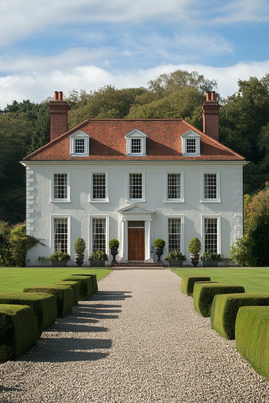 Elegant three-story Georgian house with vibrant red roof and classic symmetry