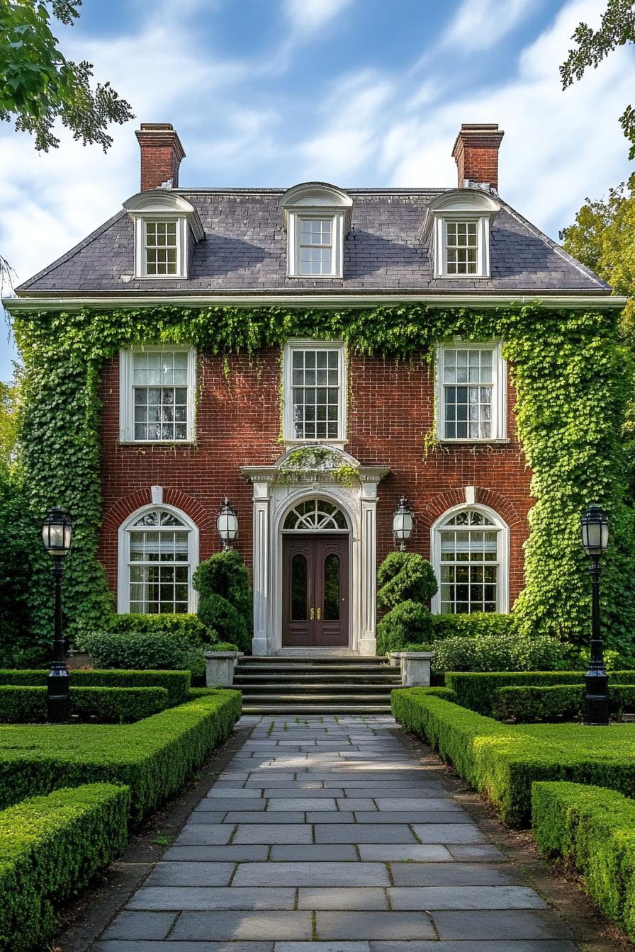 Elegant Georgian house with ivy and manicured garden