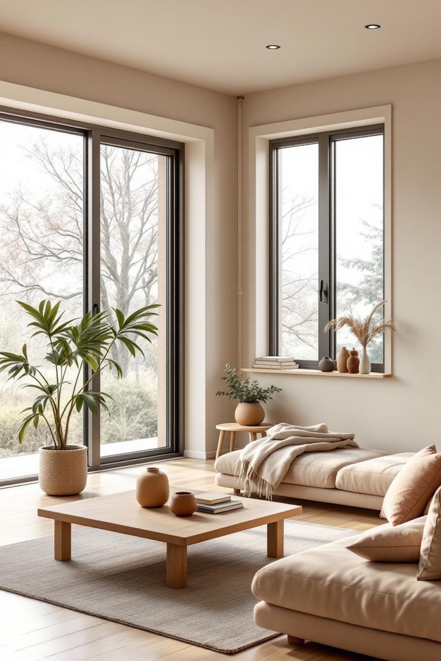 Minimalist living room with neutral tones and large windows