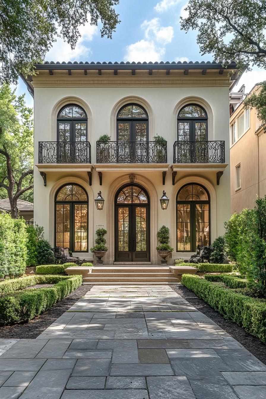 Modern French house with arched windows and lush greenery