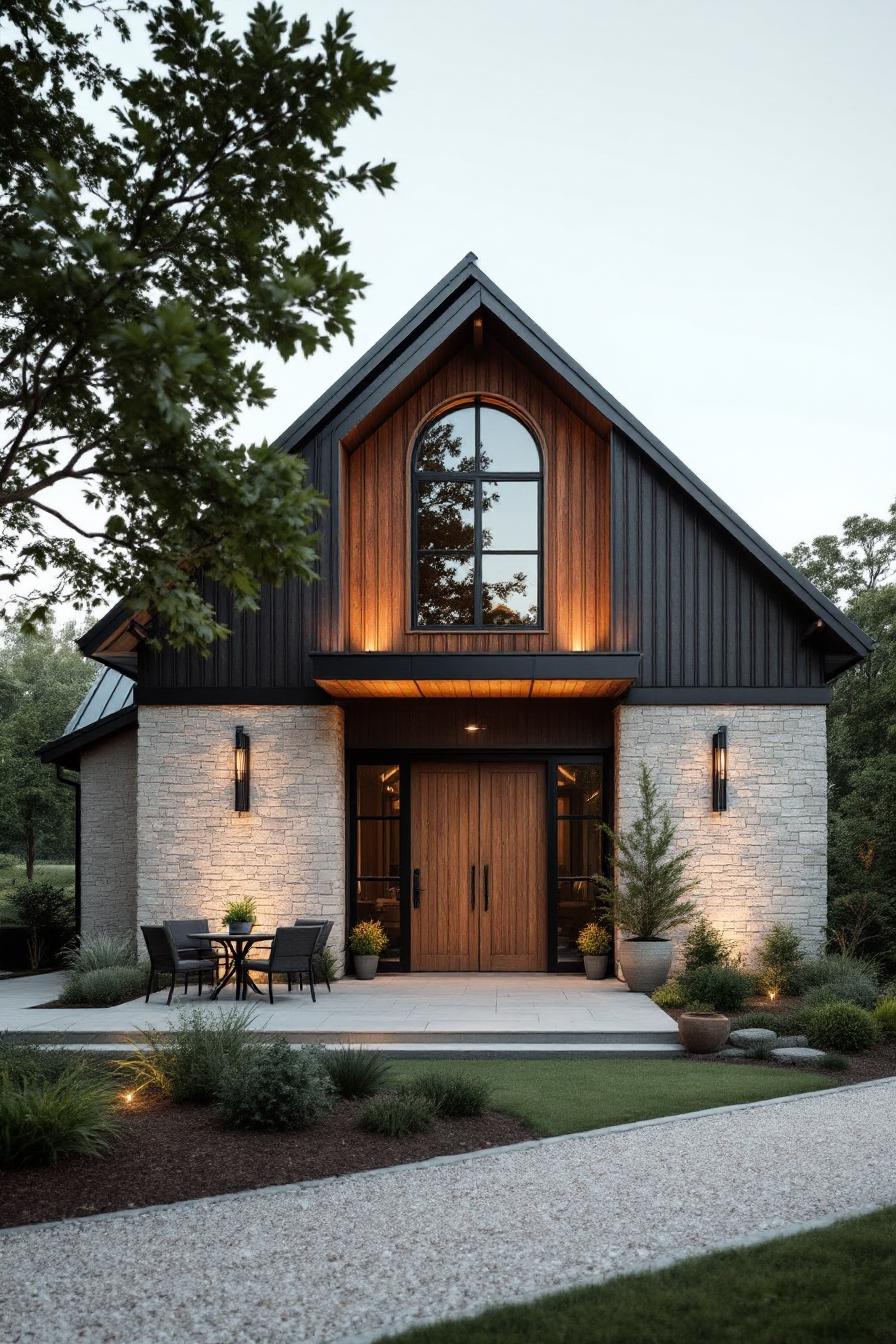 Chic barndominium with a stone facade and lush greenery