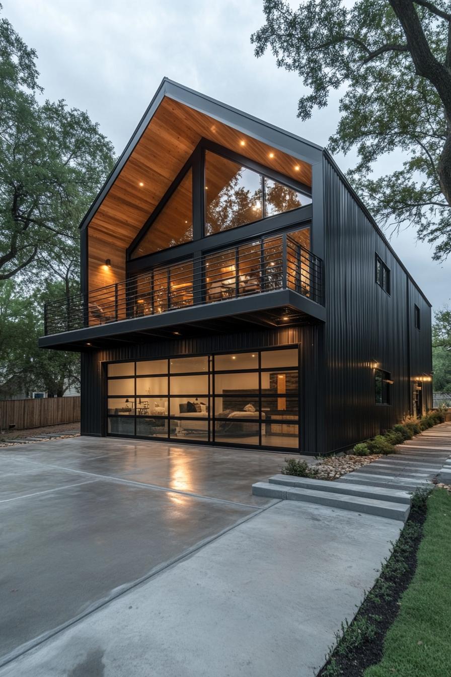 Modern barn-style house with large windows and sleek design