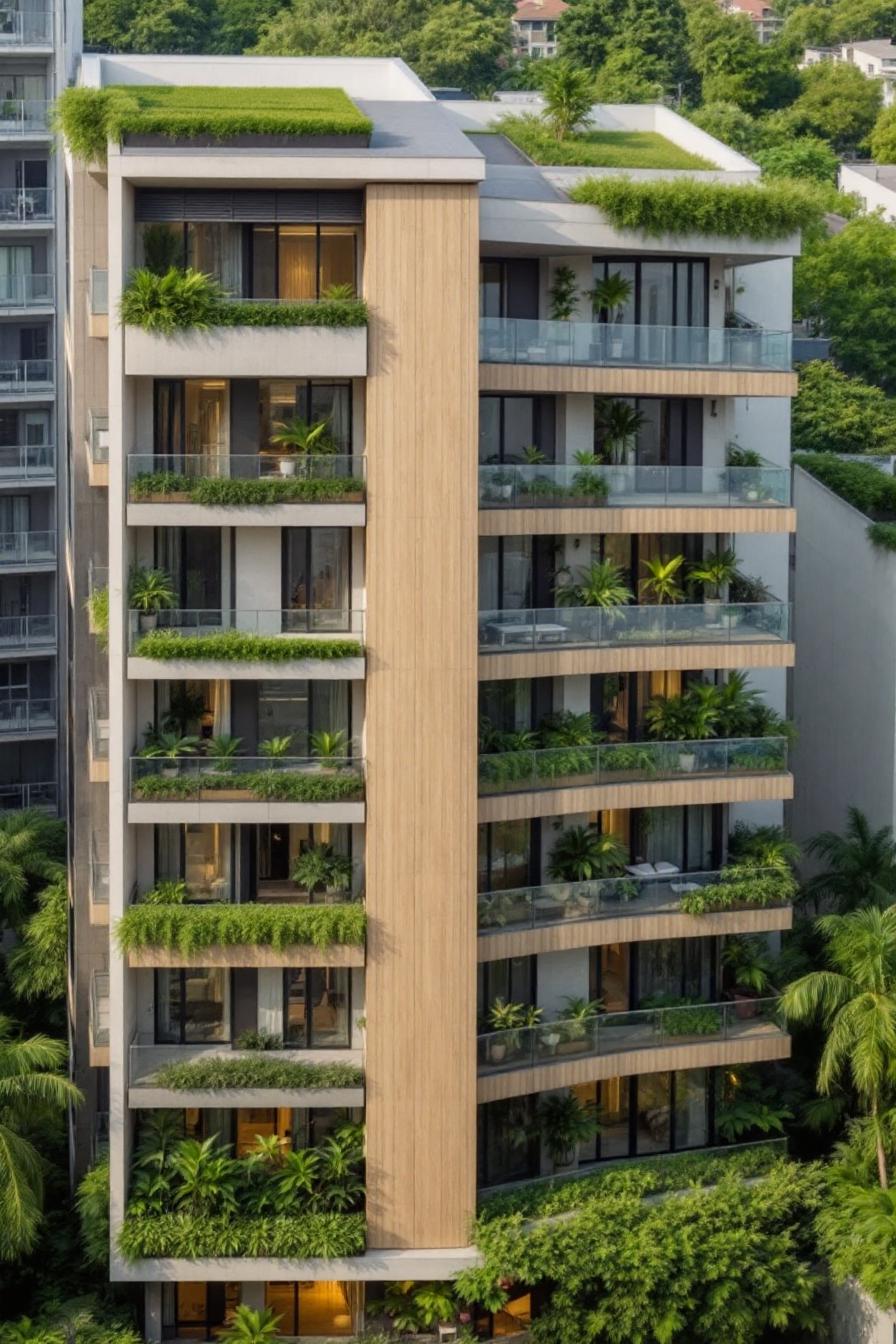 A multi-story building adorned with lush greenery