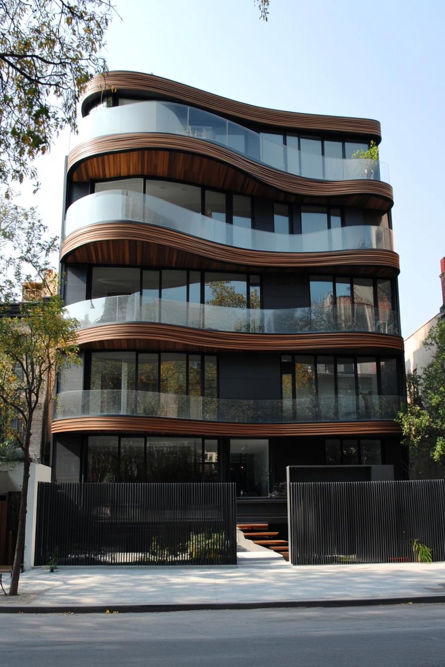 Modern building with wavy wooden accents and glass panels