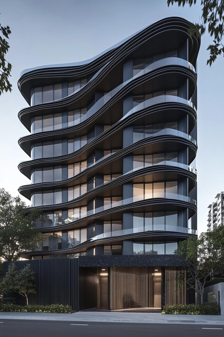 Modern building with wavy balconies and glass facade