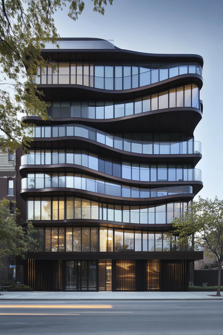 Modern residential building vertical multi story facade with undulating wave like patterns sections of dark metal panels and glass asymmetrical