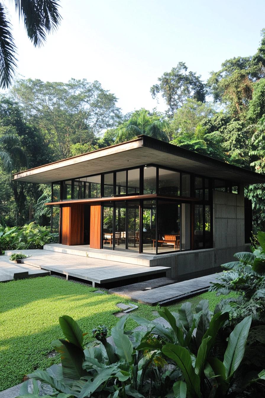 Modern tropical house surrounded by lush greenery