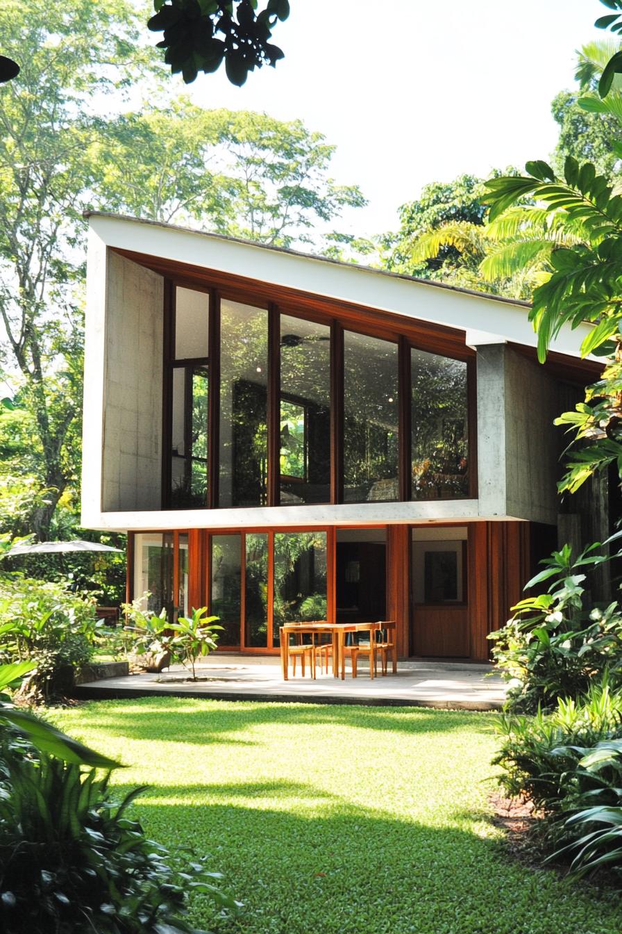 Modern tropical house surrounded by lush greenery