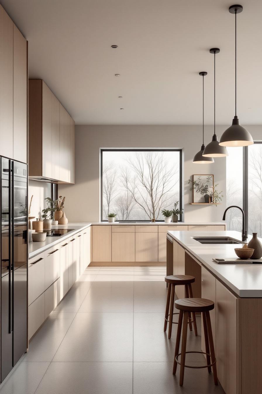 Minimalist kitchen with large windows and natural light