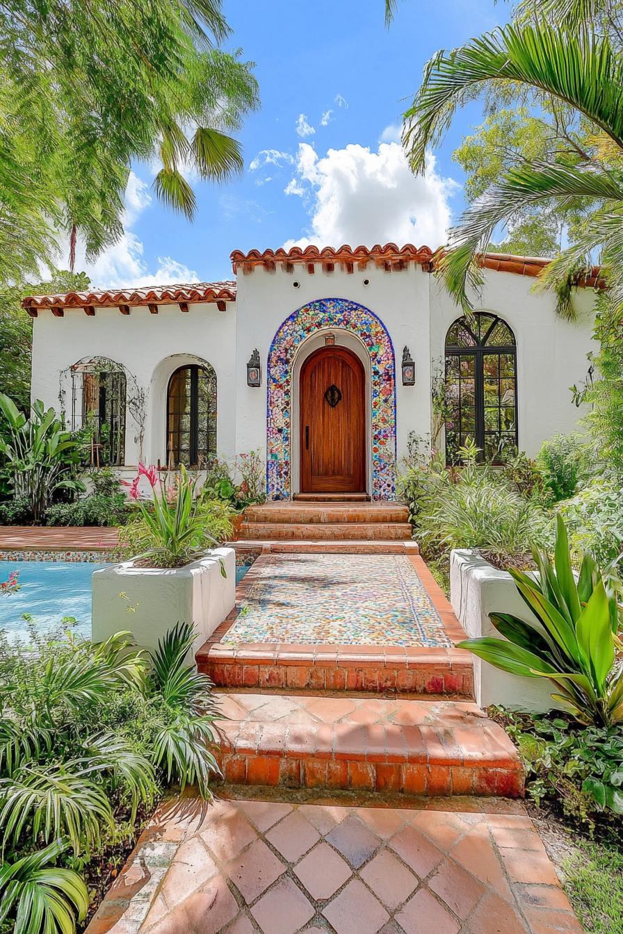 Entrance to a charming Spanish bungalow surrounded by lush greenery