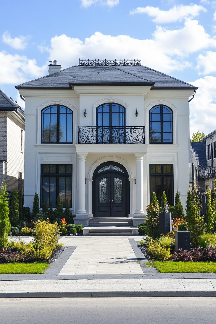 Sophisticated modern French home exterior with columns