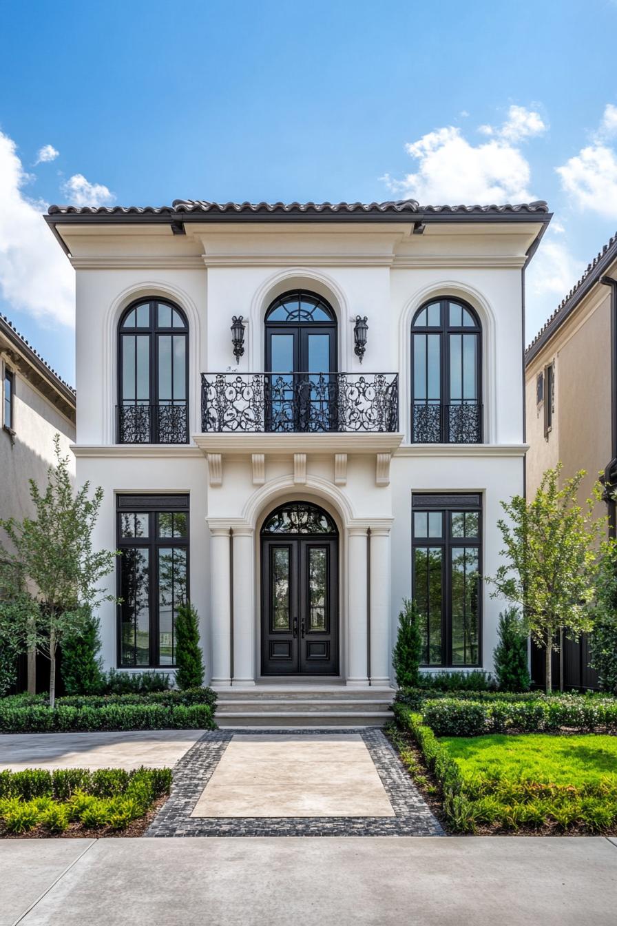 Elegant two-story French home with black iron balcony