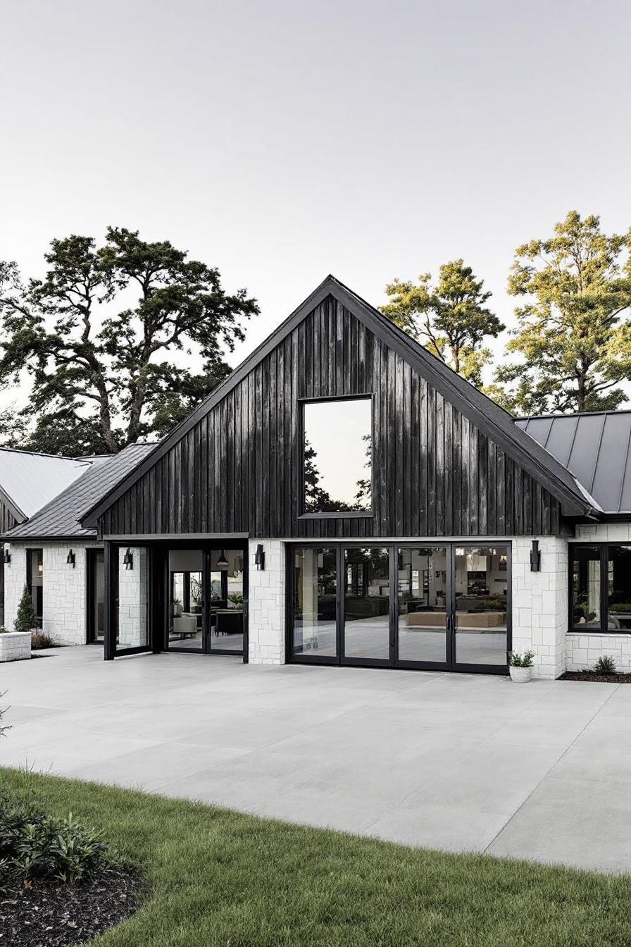 Modern barndominium with sleek black and white design