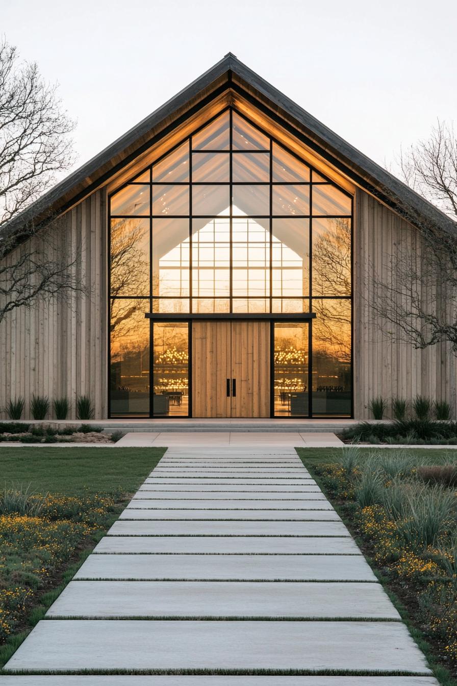 Glass-fronted barndominium with warm lighting