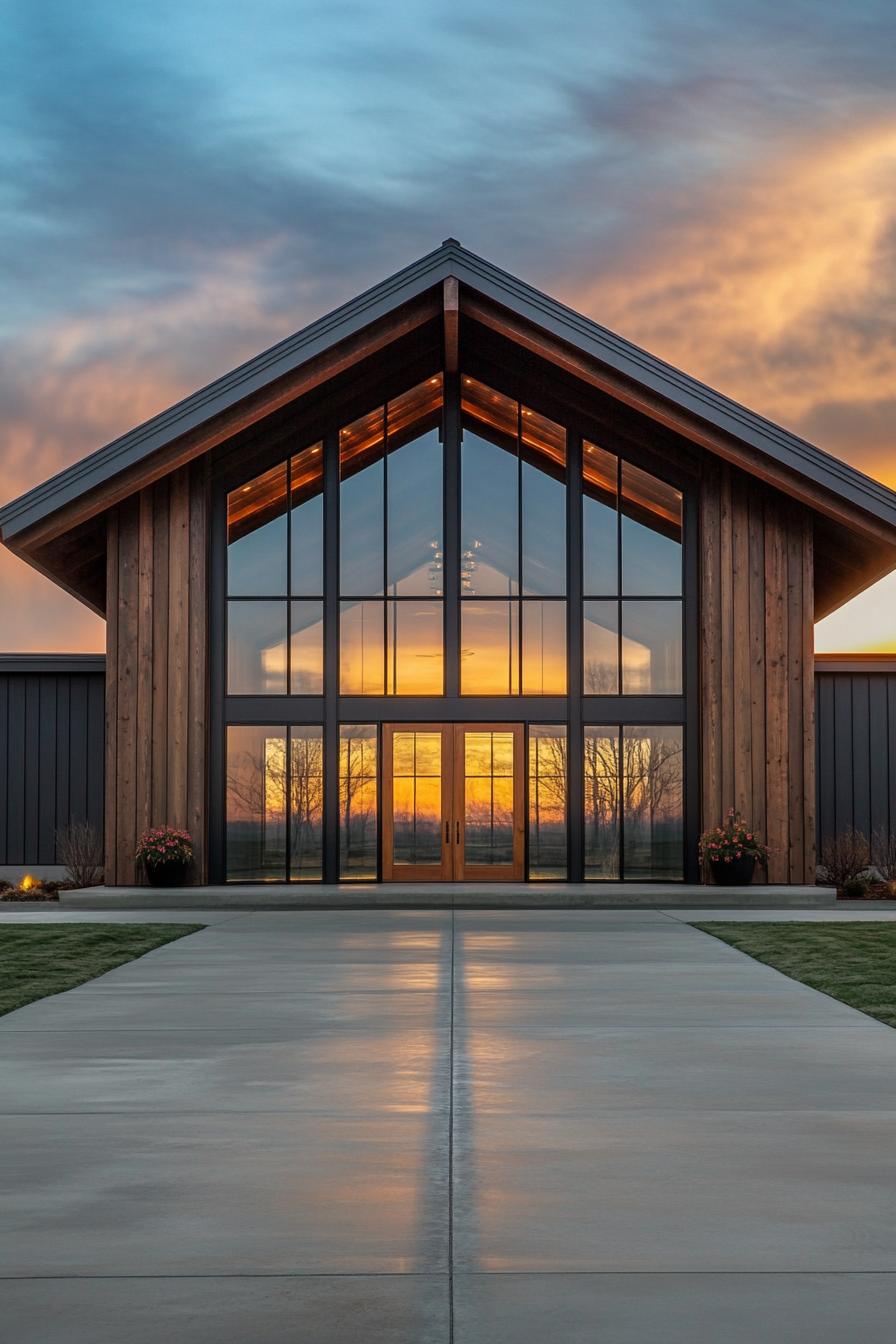 Modern barndominium with glass front at sunset