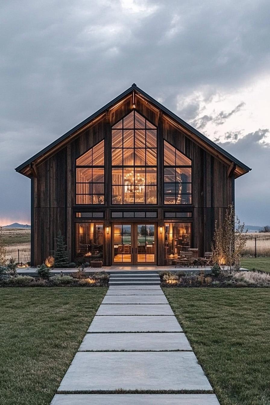 Barndominium showcasing large windows and soft lighting