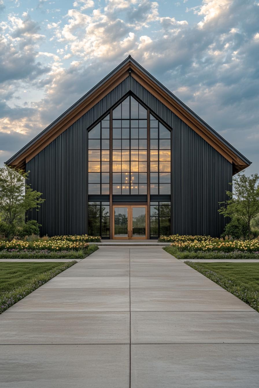 A modern barn with large glass windows