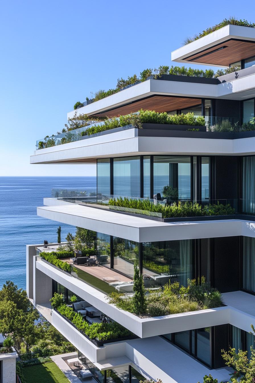 Modern building with layered terraces and greenery overlooking the ocean