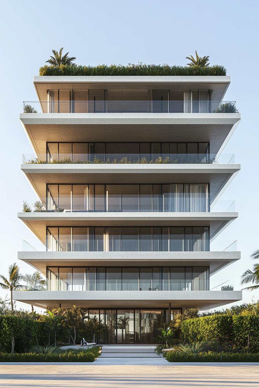 Modern building with multiple layers and greenery on top