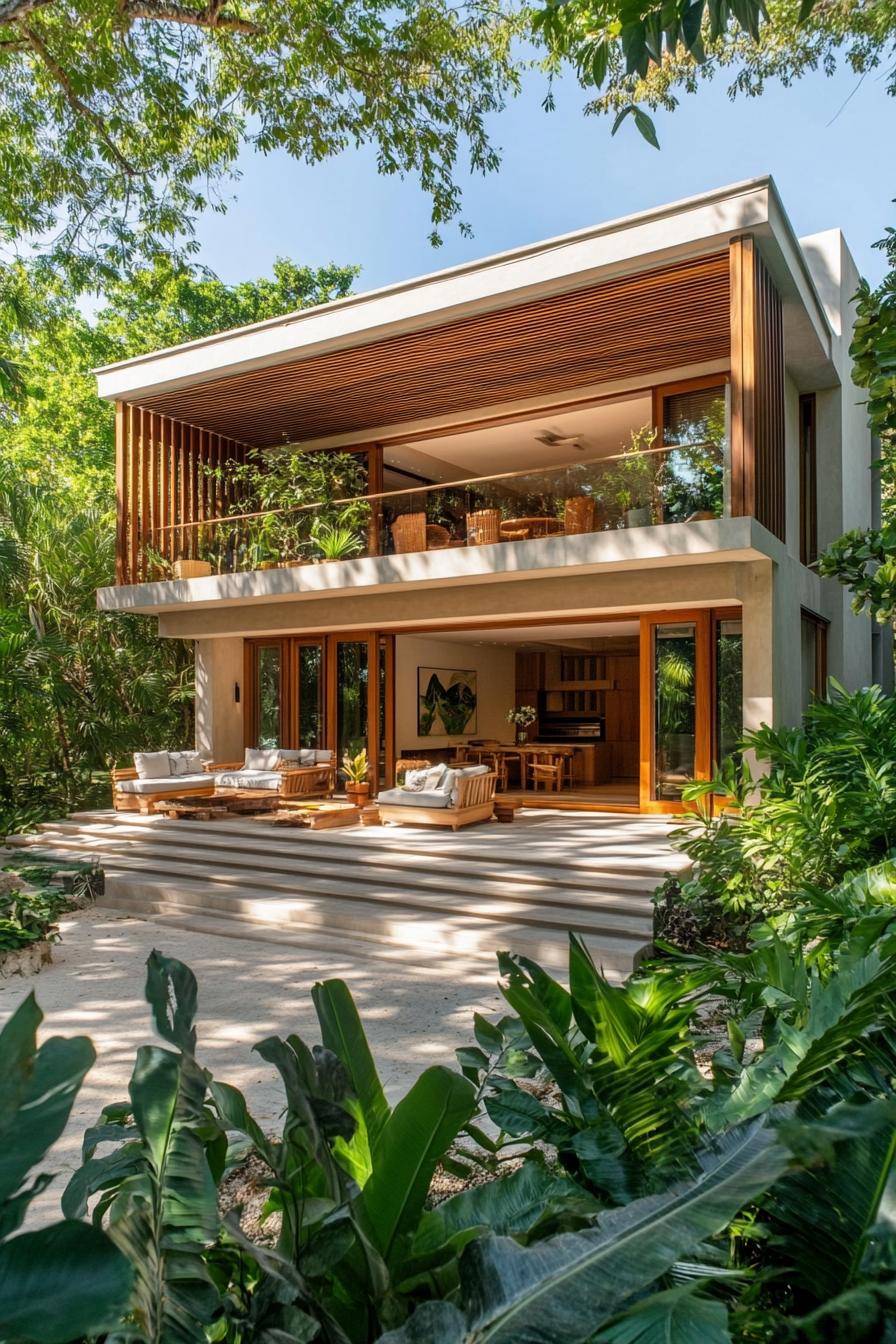 Two-Story Tropical Home with Wooden Elements