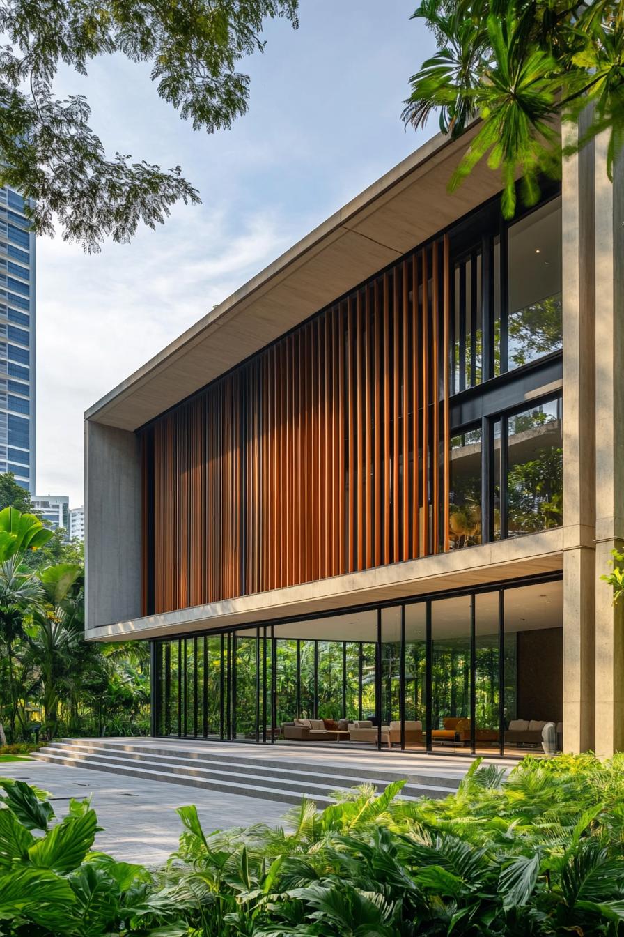 Modern house with wooden slats and glass walls in a lush setting