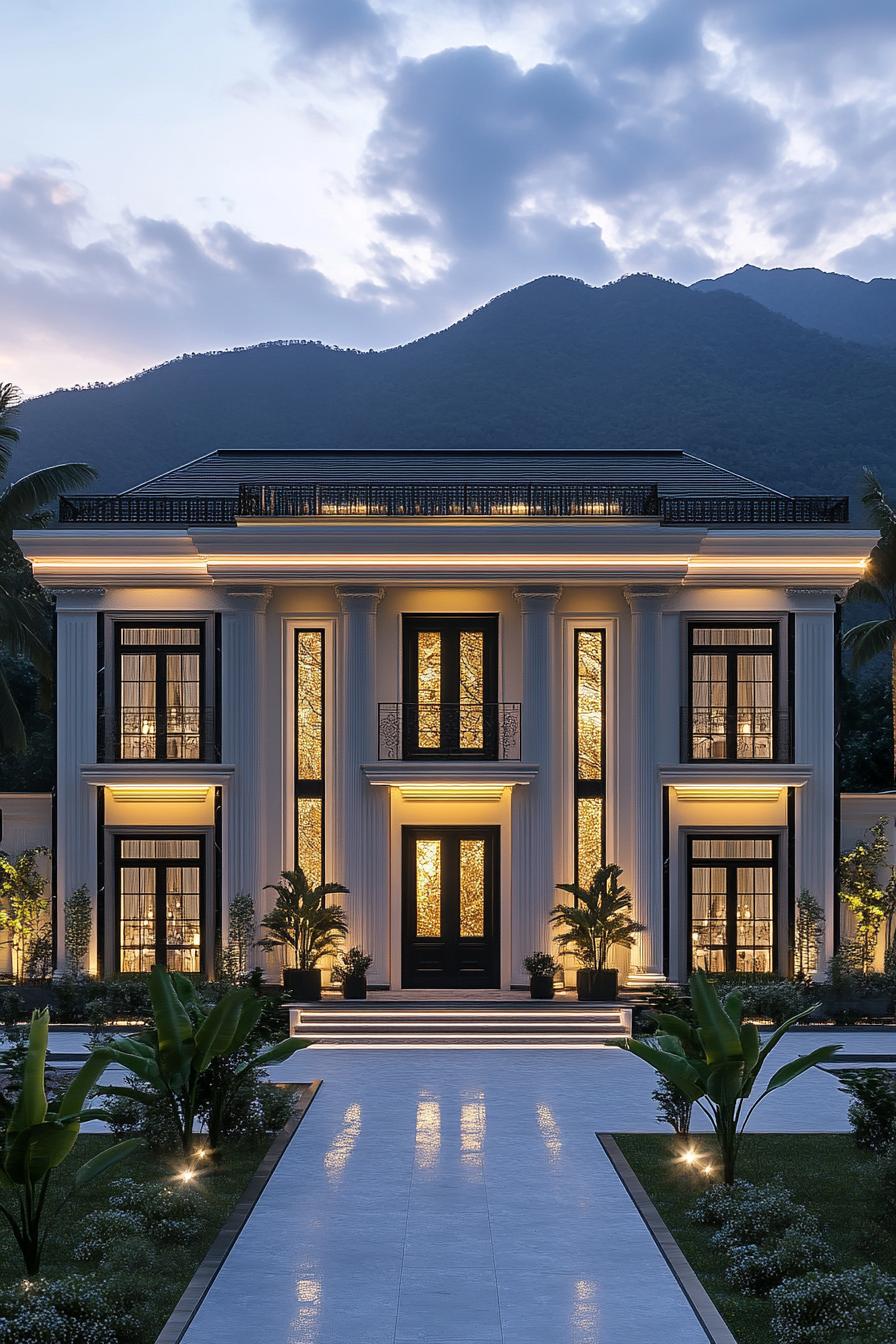 Luxurious mansion with glowing facade amidst mountains