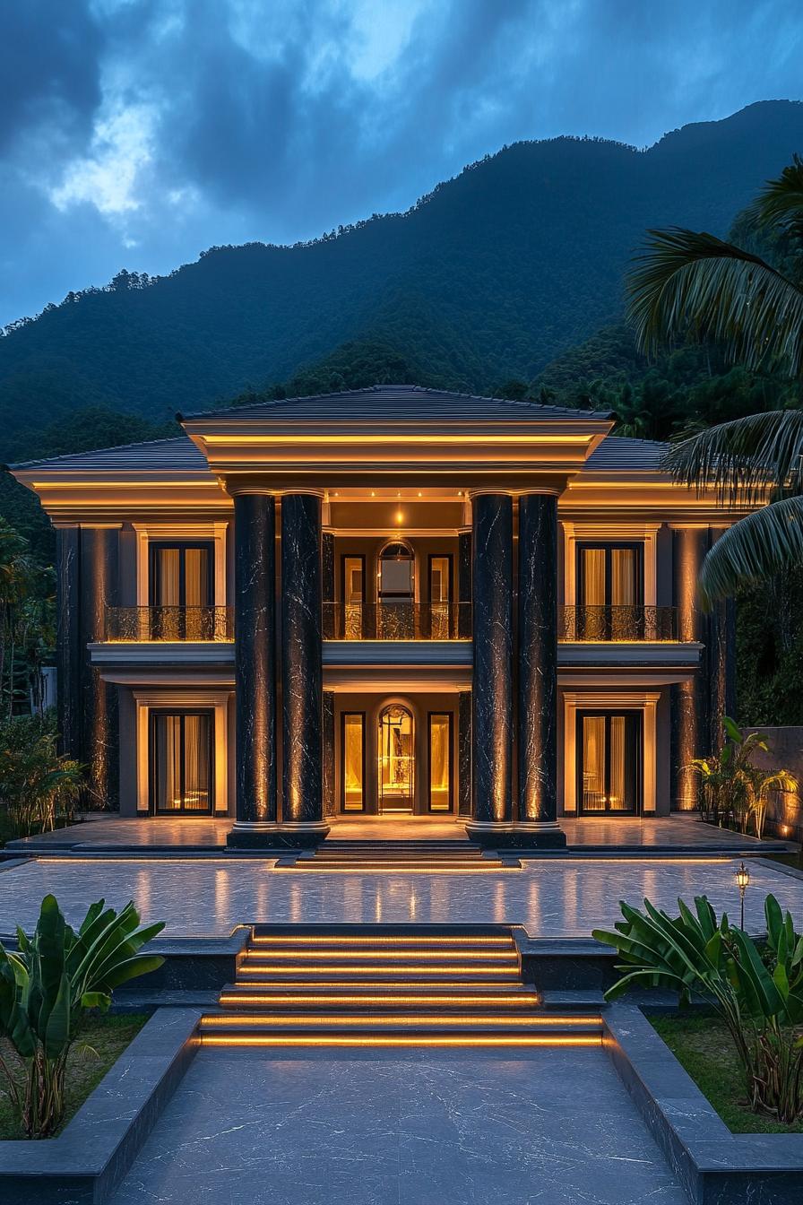 Luxury mansion glowing under mountain backdrop