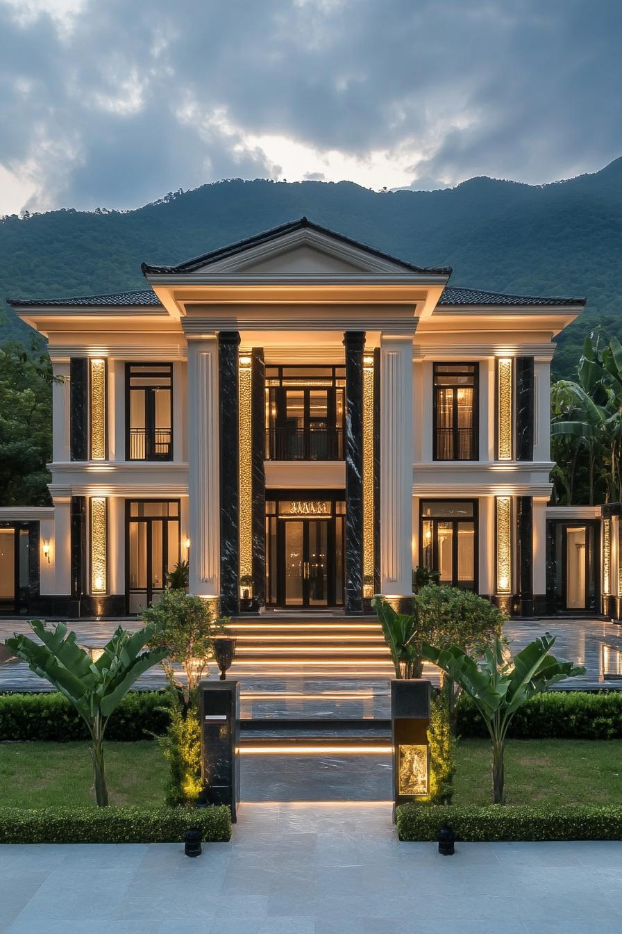 classic luxury house facade of black marble with gilded veins grand symmetrical facade flat roof with cornices LED lighting on facade detailing 3