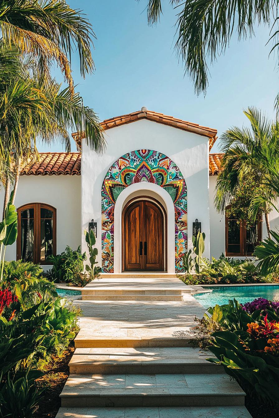 Spanish bungalow with vibrant tiles and lush greenery