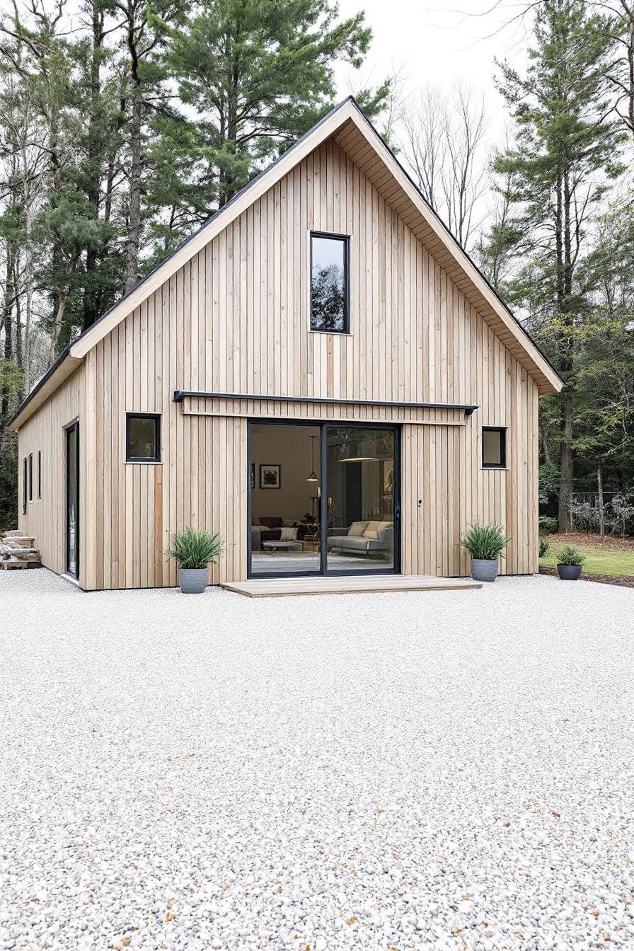 A modern wooden barn with large windows