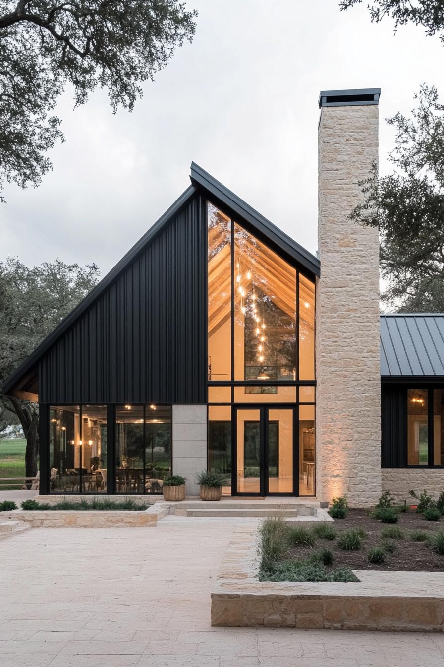 Modern barndominium with large windows and stone chimney