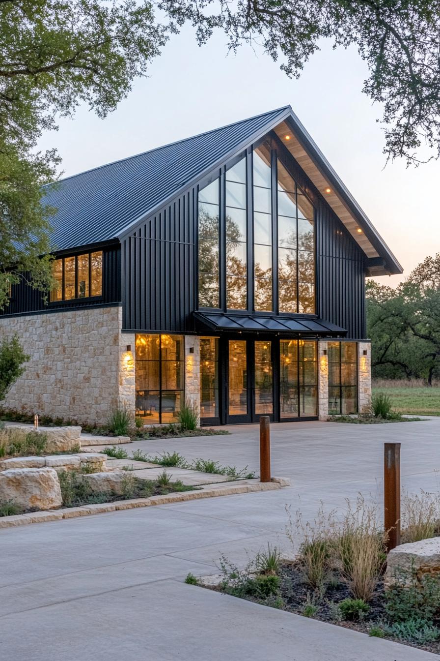 Modern barn-style home with sleek black exterior and large glass windows