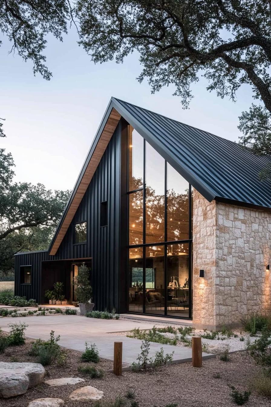 Barndominium with dramatic roofline and large windows