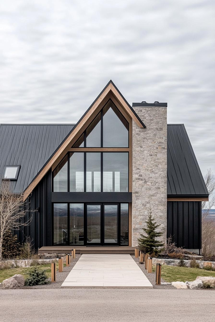 Modern barndominium with a stone chimney and large glass windows