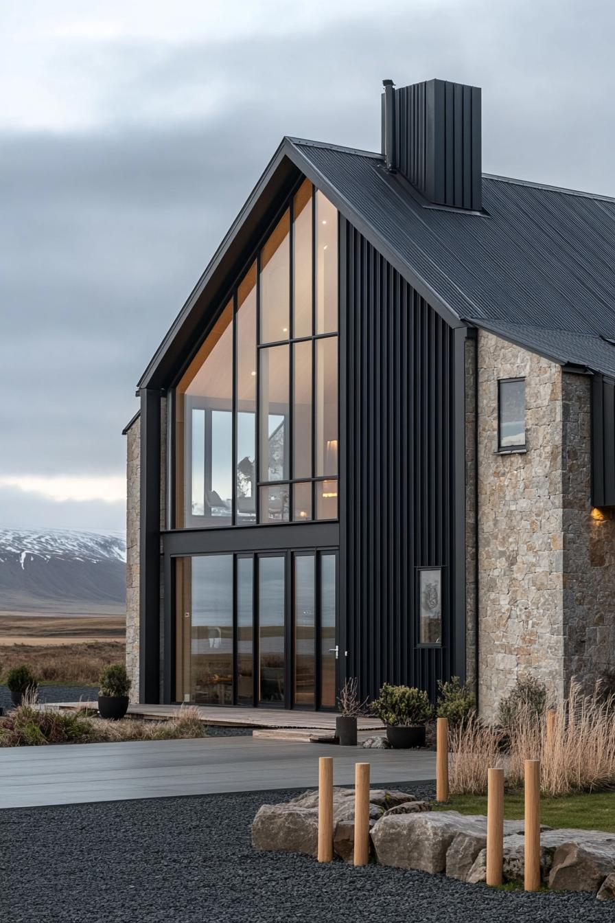 Tall A-Frame home with large windows and stone accents