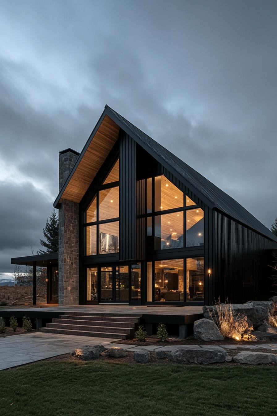 Gable-roofed barndominium with large windows at dusk