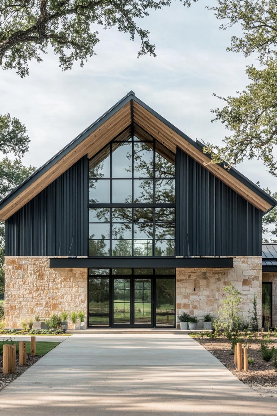 Modern barndominium with stone and metal facade