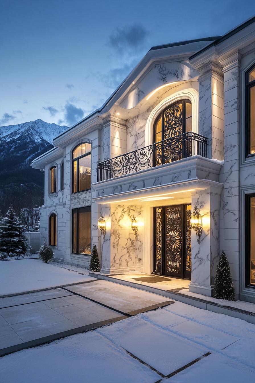 Elegant luxury house exterior with snowy courtyard