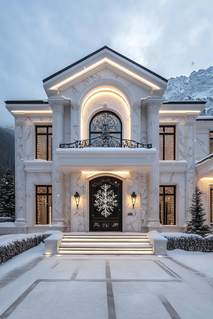 Luxurious mansion with snowy entrance and lighting