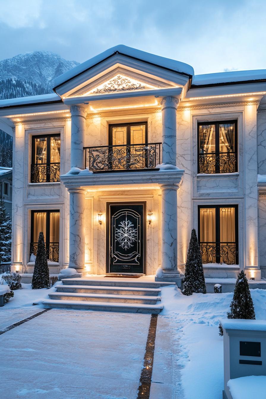 Luxury house with snowy entrance and glowing lights