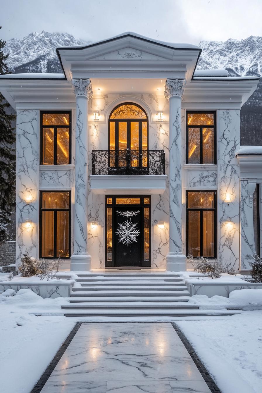 Luxurious house with marble facade in snowy landscape