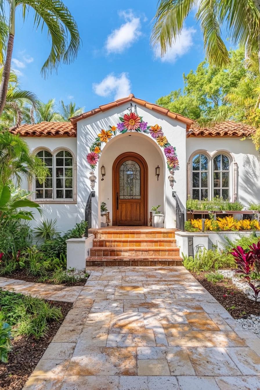 Whitewashed bungalow with floral archway