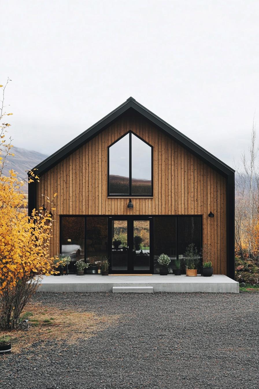 Wooden barndominium with black-framed windows and autumn trees