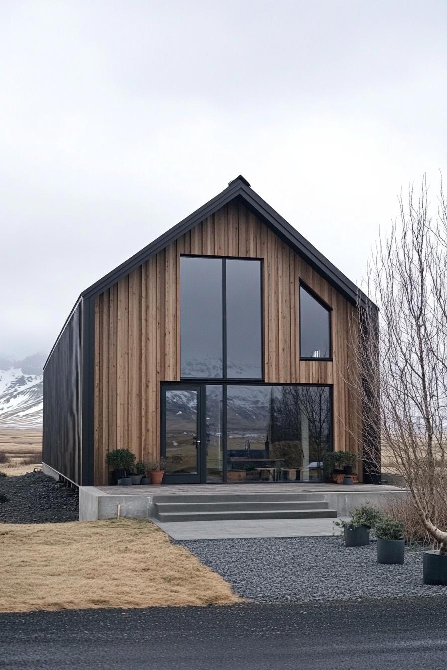 Contemporary barn-style home with wood and metal facade