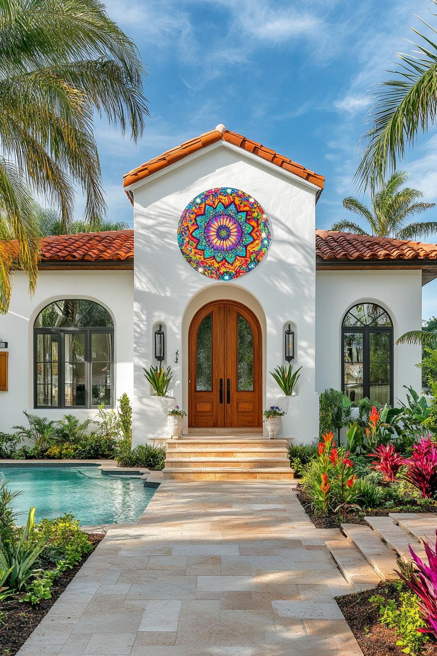 White Spanish bungalow with vivid mosaic detail