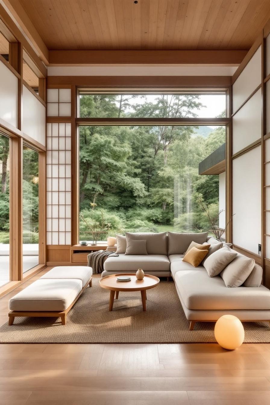 Serene living room with large windows and cozy furniture