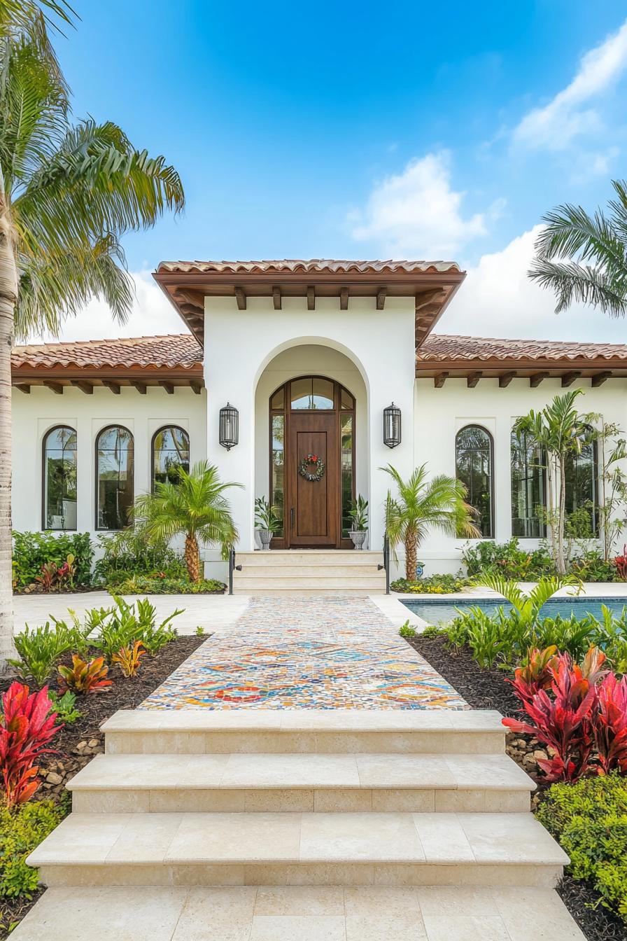 Spanish-style bungalow with colorful mosaic path