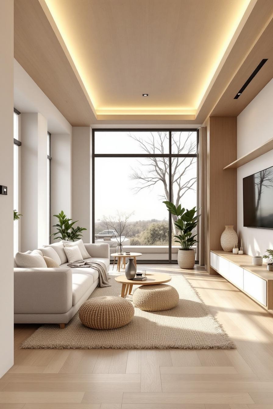 Bright and serene modern living room with large windows