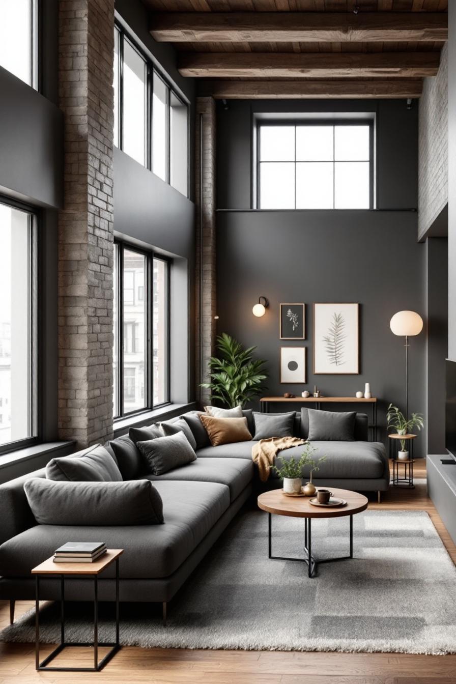 Japandi-style living room with a grey sectional and wooden accents