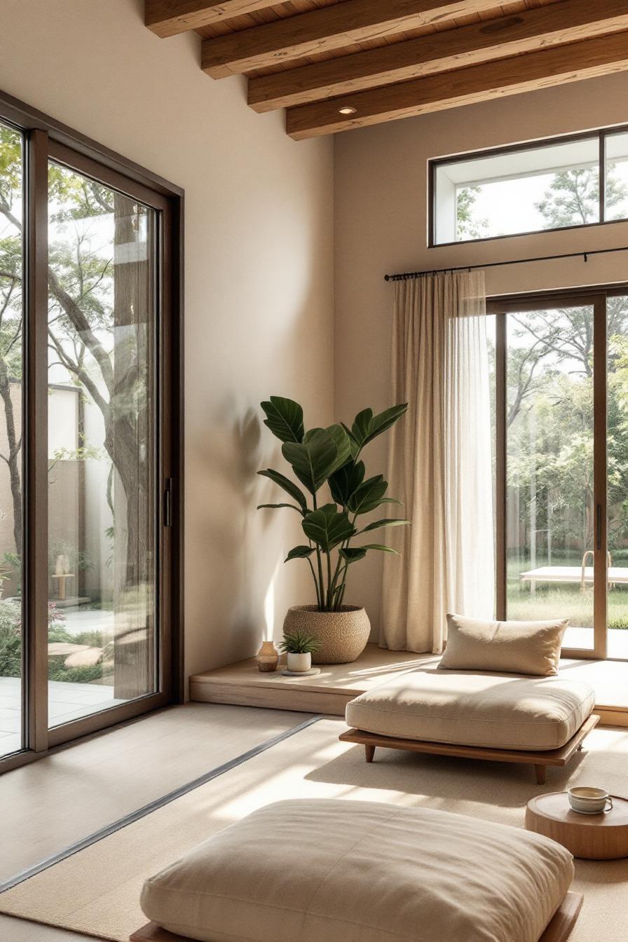 Minimalist room with large windows and plants